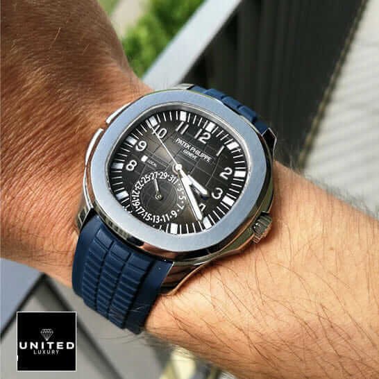 Patek Philippe Aquanaut Travel Time 5164A-001 Patek Philippe Black Rubber Bracelet Steel Black Dial Replica on the wrist