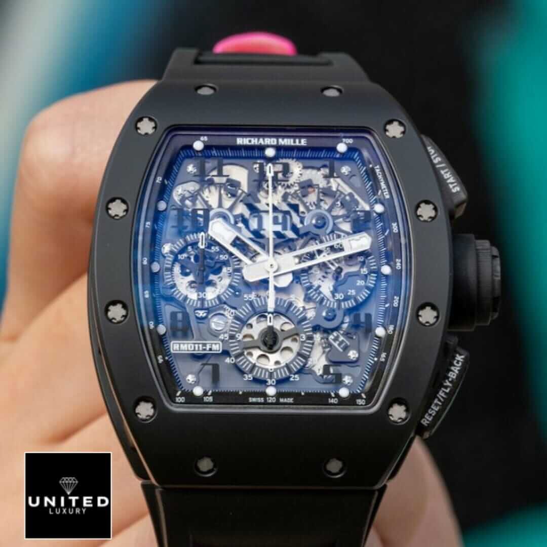 Richard Mille RM 011 Richard Mille Black Bezel RM011-FM Replica front view on the hand