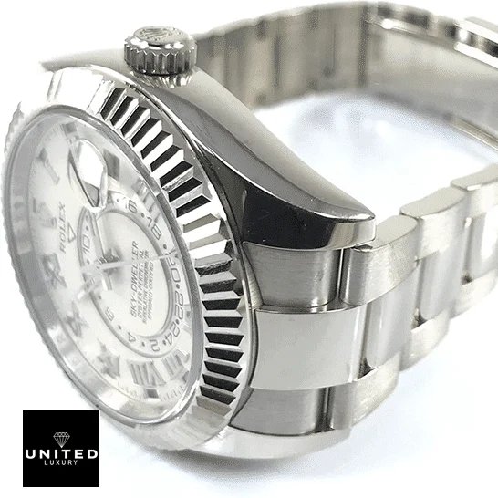 Rolex Sky-Dweller White Dial 326939 Fluted Bezel Oyster Replica on the table