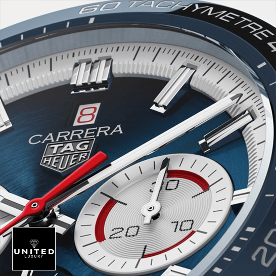 TAG Heuer Carrera Chronograph CBG2016.BA0616 Tag Heuer Carrera Blue Dial Red Second Han Tachymetre Blue Bezel Replica close view