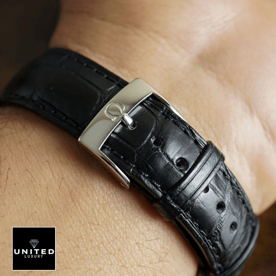 Omega De Ville Prestige 424.10.40.20.02.001 Omega Leather Black Bracelet Steel Clasp Replica upside view on the wrist