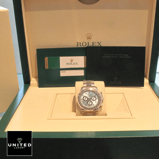 Rolex Cosmograph Daytona 116506 Rolex Daytona Platinum Ice-Blue Dial 116506-0001 Replica & Guarantee Card in the Rolex Box