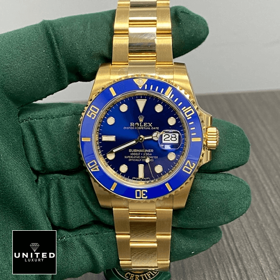 Rolex Submariner Date Rolex Submariner Blue Dial 116618LB Replica on the hand
