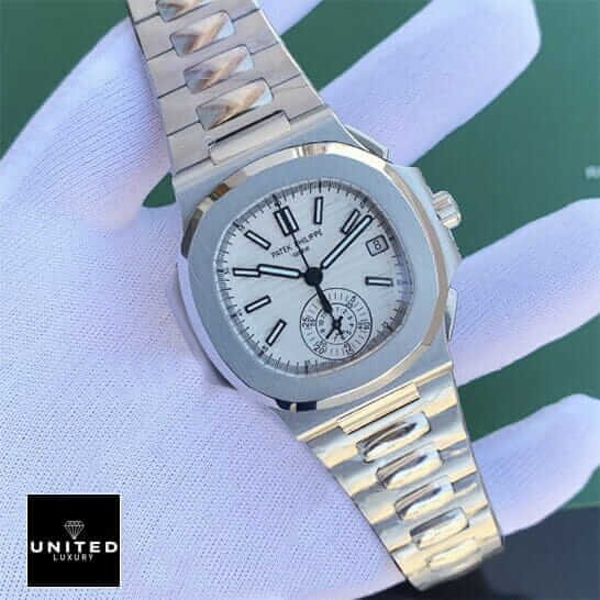 Patek Philippe Nautilus Chronograph 5980/1A-019 Patek Philippe White Dial Geneve Steel Bracelet Replica on the hand