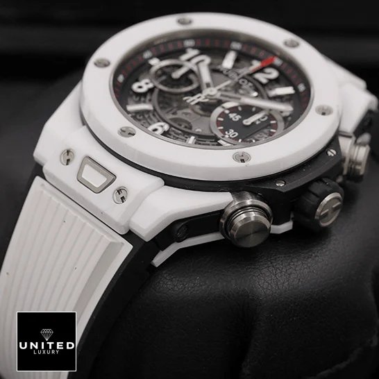 Hublot Big Bang Unico Hublot Big Bang Black Dial White Rubber Bracelet Replica on the black stand