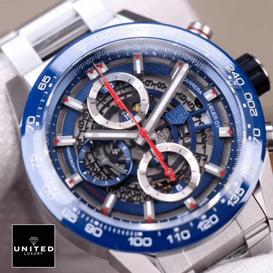 TAG Heuer Carrera 01 CAR201T Tag Heuer Blue Bezel Red Second Hand Steel Bracelet Replica close view
