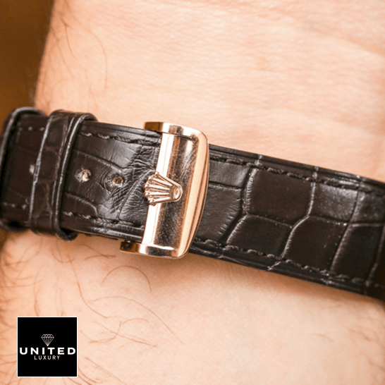 Rolex Cellini Moonphase 50535 Rolex Cellini Leather Bracelet Replica rolex logo on the buckle
