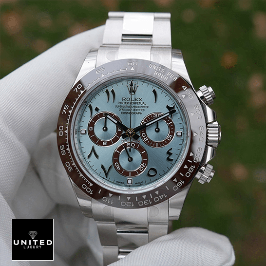 Rolex Cosmograph Daytona 116506 Rolex Daytona Platinum Ice-Blue Dial 116506-0001 Replica on his hand
