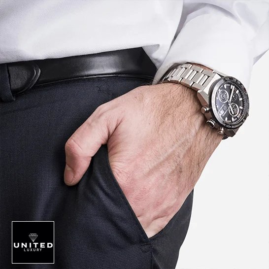 TAG Heuer Carrera Chronograph CBN2A1A.BA0643 Tag Heuer Carrera Caliber Heuer 01 Stainless Steel Black Dial Replica man in a suit on his wrist