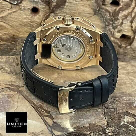 Audemars Piguet Royal Oak Offshore 26030IO.OO.D001IN.01 ap montoya replica black leather bracelet and swiss mechanism on the table
