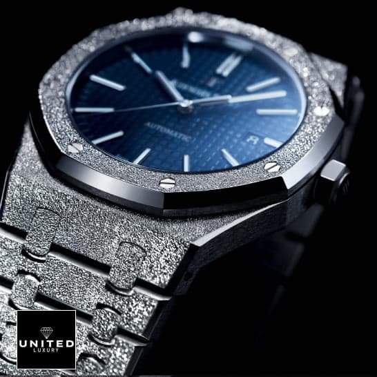 Audemars Piguet Royal Oak 67653BC.GG.1263BC.02 Frosted AP Blue Dial Replica black background