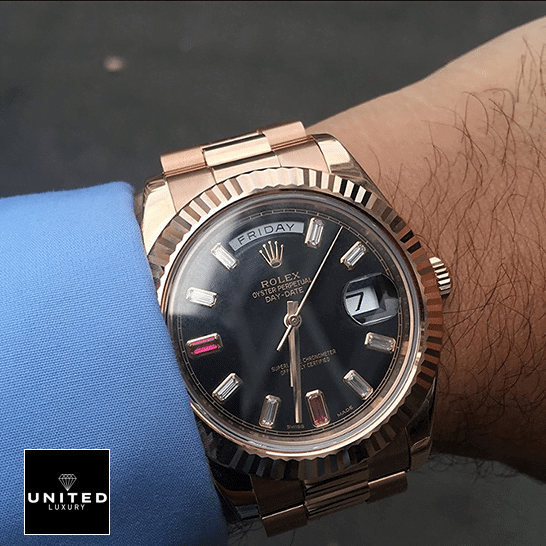 Rolex Day-Date II 218235 the rolex daydate with the diamond detail on his wrist