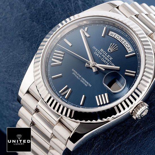 Rolex Day-Date 228239-0002 Rolex Day-Date 40 228239 Fluted Bezel Replica Blue Backround