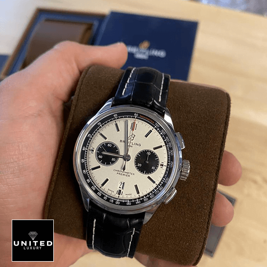 Breitling Premier Chronograph AB0118221G1P1 Breitling AB0118221G1P1 White Dial Replica on the hand