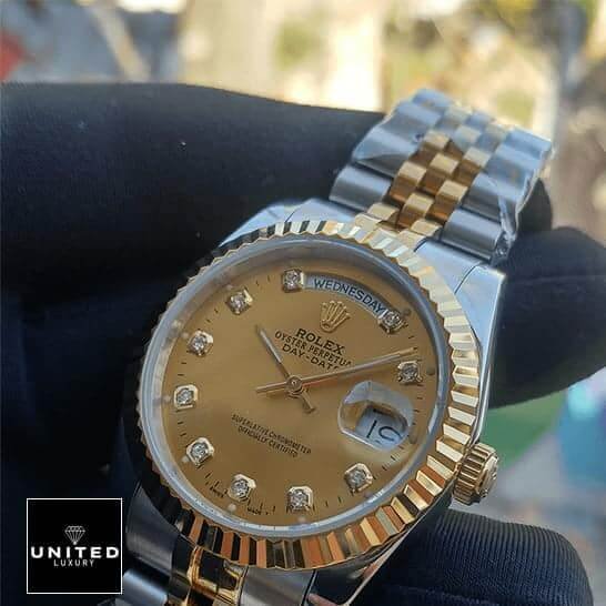 Rolex Day-Date 128238 Rolex Day-Date 128238 MOP Gold Bezel Replica on the hand