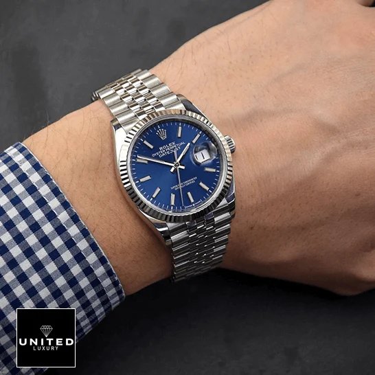 Rolex Datejust 126234 Rolex Datejust Stainless Steel Jubilee Blue Dial Replica on the man wrist