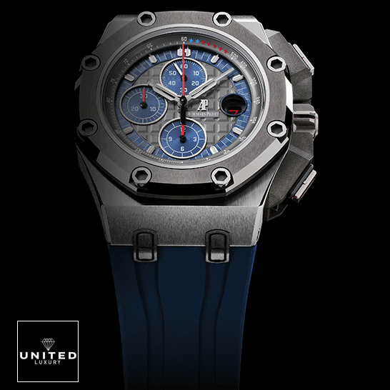 Audemars Piguet Royal Oak Offshore 26568PM.OO.A021CA.01 Audemars Piguet Royal Oak Blue Rubber Bracelet Replica front view black background