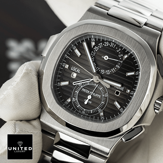 Patek Philippe Nautilus Travel Time Chronograph 5990/1A-001 First-Class Clone patek philippe nautilus 59901A 001 replica dial Patek Philippe Geneve Black Dial Steel Case Replica on the hand