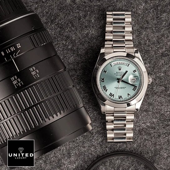 Rolex Day-Date 228206 Rolex Day-Date II Stainless Steel Ice Blue Roman Dial 218206 Replica photo shoot