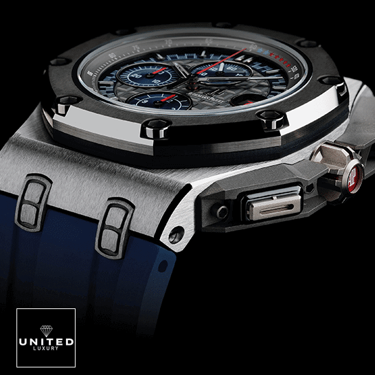 Audemars Piguet Royal Oak Offshore 26568PM.OO.A021CA.01 Audemars Piguet Royal Oak Steel Case Blue Rubber Bracelet Replica black background