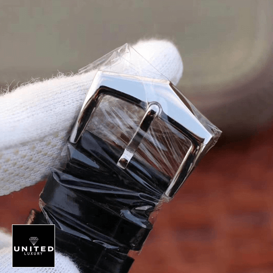 Patek Philippe Annual Calendar 5205G-013 Patek Philippe Leather Black Bracelet Steel Clasp Replica on the whte glove hand