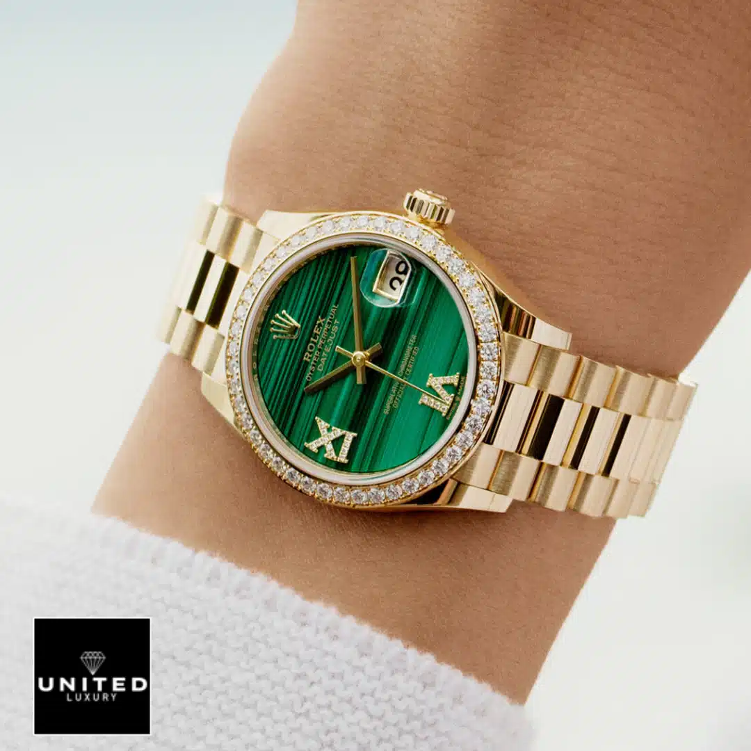 Rolex Datejust 126333 Rolex datejust gold green dial roman diamond bezel replica above the wrist