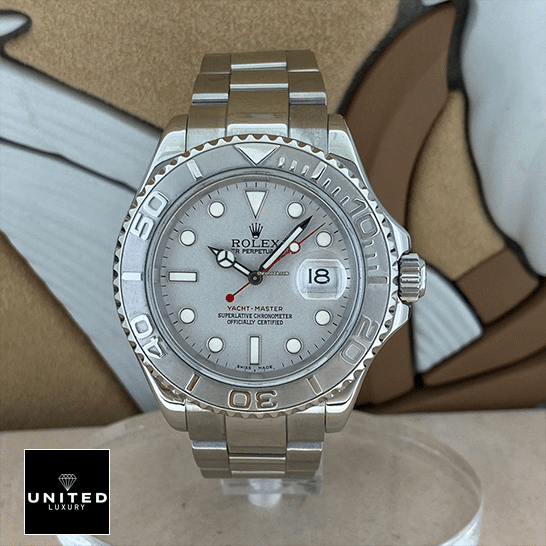 Rolex Yacht-Master 126621 Rolex Yacht Master Platinum White Dial Replica on the stand