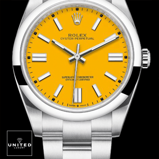 Rolex Oyster Perpetual 124300 Rolex Perpetual 124300 Yellow Dial Stick indices Replica and Black Background