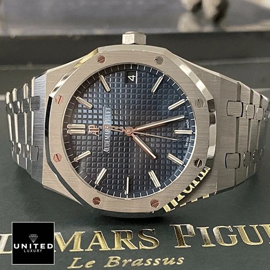 Audemars Piguet Royal Oak 15500ST Audemars Piguet Royal Oak Blue Dial Steel Bezel Replica on the box side view