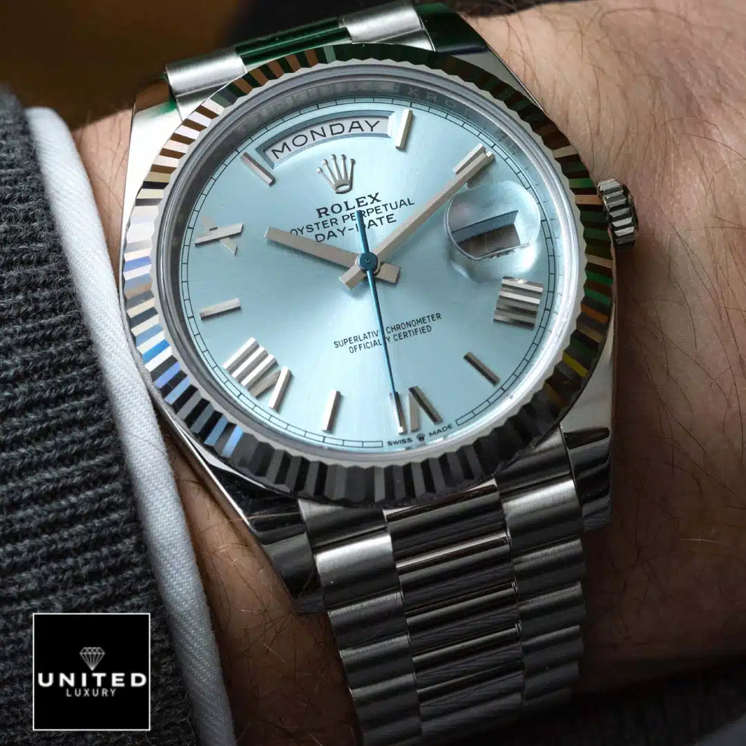 Rolex Day-Date 228236 Rolex Day Date 228236 Ice Blue Grooved Replica on is arm