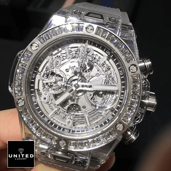 Hublot Big Bang Unico Sapphire Diamond 411.JX.4802.RT.1904 Luxury Clone Quality hublot big bang unico sapphire baguettes 411 JX 4802 RT 1904 replica front Hublot Big Bang Unico 411_JX_4802_RT_1904 Replica diamond bezel