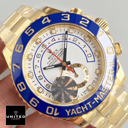 Rolex Yacht-Master II 116688 Rolex Yatch Master 116688 II Yellow Gold White Dial Replica on the ahnd
