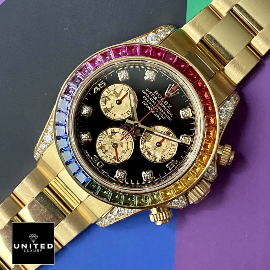 Rolex Daytona Rolex Cosmograph Daytona Rainbow Black Dial 116598RBOW Replica on the Table