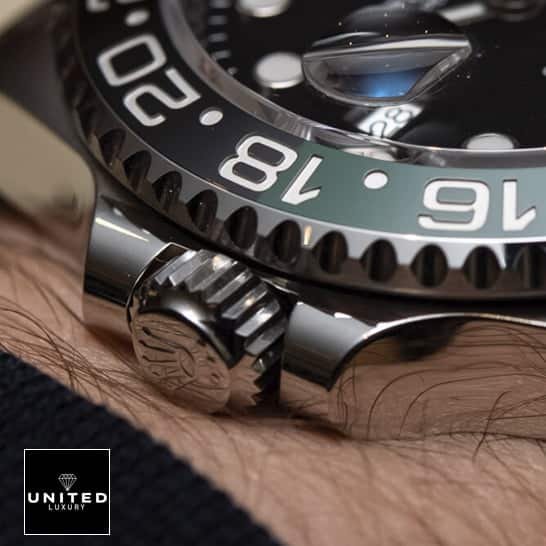 Rolex GMT-Master II 126720VTNR Sprite Premium Clone 1:1 rolex sprite jubile replica 3 Rolex Gmt-Master II Sprite Replica Push button and above the wrist
