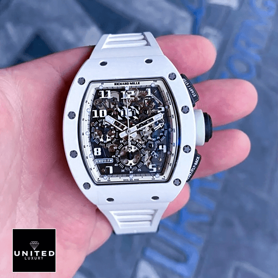 Richard Mille RM 011 Richard Mille RM011FM White Bezel and Bracelet Replica front view on the hand