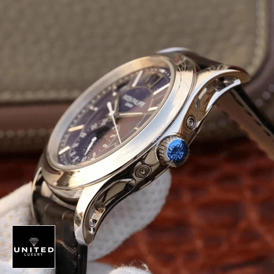 Patek Philippe Annual Calendar 5205G-013 Patek Philippe Steel Case Blue Dial Replica side view crown