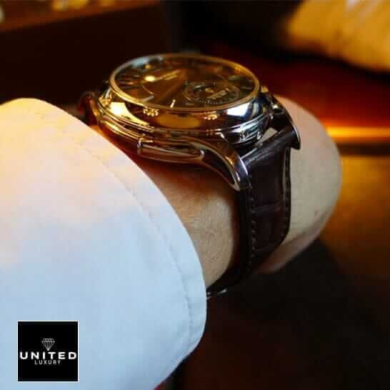 Patek Philippe Minute Repeater Tourbillon 5207P Patek Philippe Geneve Repeater Brown Leather Bracelet Replica on the man wrist